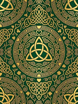 Intricate golden celtic triquetra pattern with shamrocks and hearts
