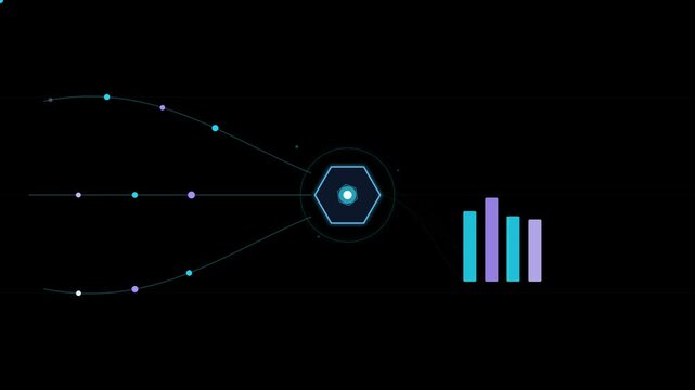 A futuristic video showcasing a vibrant blue hexagon with glowing lines and dots on a black background