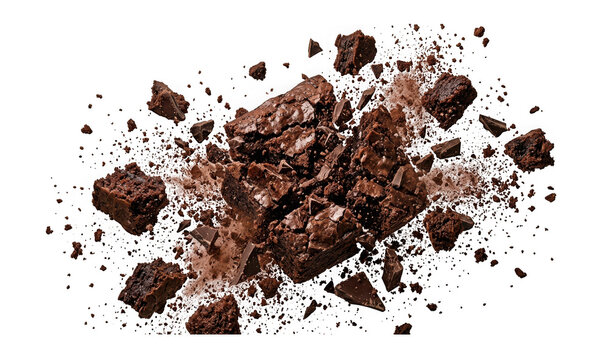 Explosion of delicious chocolate brownie pieces and crumbs isolated on transparent background