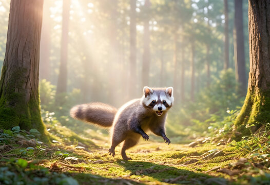 Cute raccoon running through a sunlit forest with dappled light and lush green undergrowth, wildlife in natural habitat, the woodland floor is covered with lush green moss and undergrowth