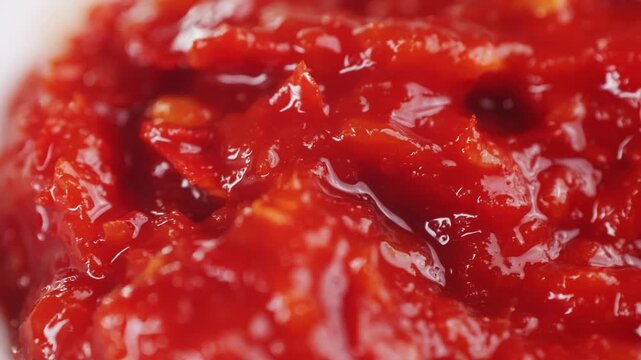 Red pasta of red hot chilli commonly called sambal in spoon, hungarian hot sauce with pepper. 