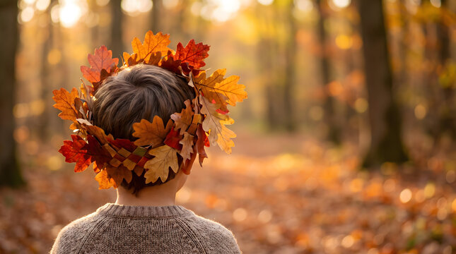 Rear view of a young child wearing a crown of autumn leaves in a golden sunlit forest during fall season