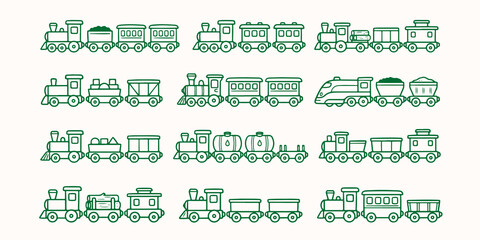 Set of various hand drawn train and railway carriage illustrations with locomotive transportation carriage illustration collection passenger railroad transport isolated traveling movement © Motiur