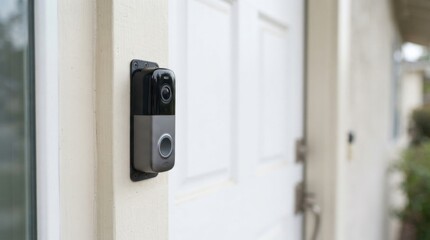 Naklejka premium Modern doorbell camera mounted on wooden door frame