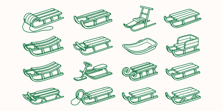 Set of various winter sled designs and toboggan icons in line art style with toboggan recreation transport collection equipment activity vacation seasonal sledding minimalist monochrome