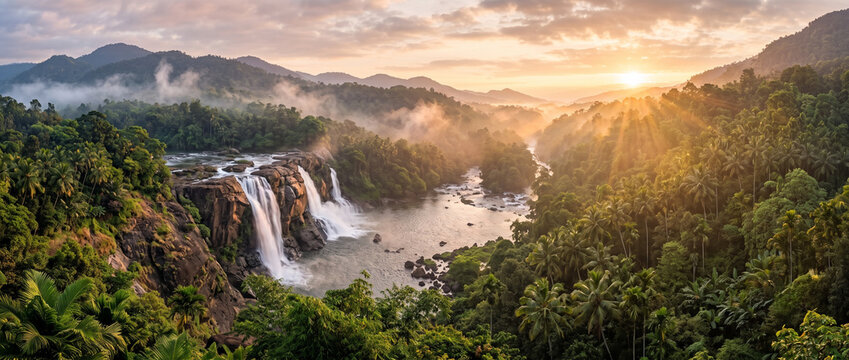 Breathtaking Athirappilly region featuring lush tropical rainforest, winding rivers and spectacular Western Ghats landscapes in Kerala India