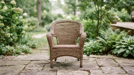 Fototapeta premium Empty wicker chair on wooden deck in natural light
