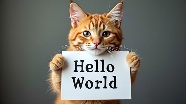 Ginger Cat with Hello World Sign: A charming ginger cat holds a sign that reads Hello World, looking directly at the camera with bright, inquisitive eyes.