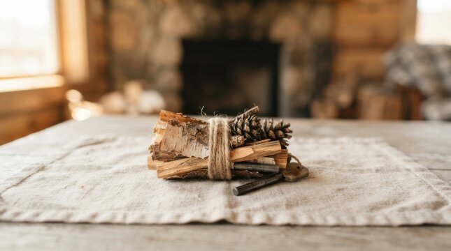 Fire starter kit with flint and steel on wooden surface