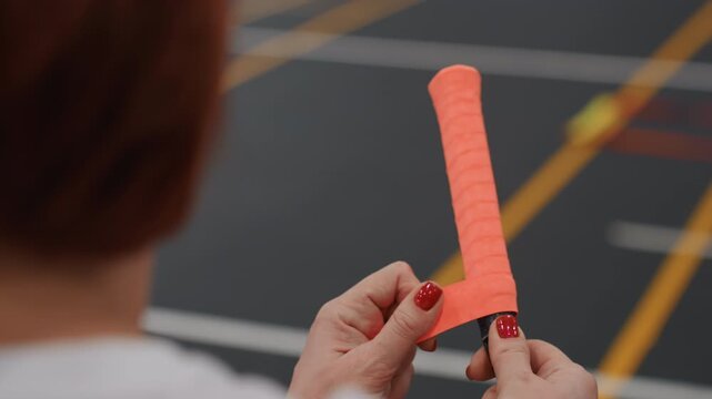 Closeup woman securing bright grip tape on badminton racket handle at indoor court, casual player finetuning tension and alignment, quick warmup vibe before match with clear court lines.