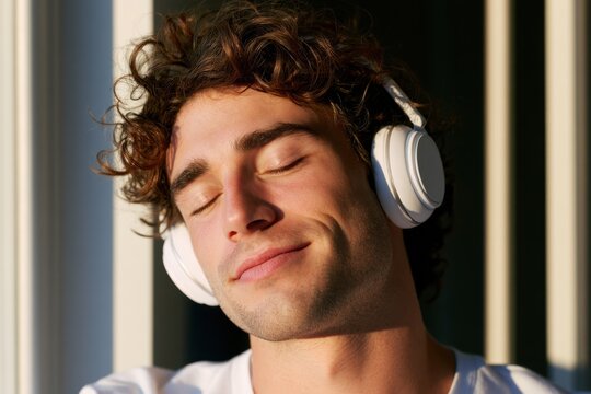 Young man with curly hair wearing over-ear headphones relaxes with eyes closed, illuminated by natural light in a bright indoor setting