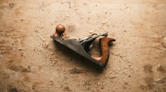 Hand plane tool on wooden workbench surface