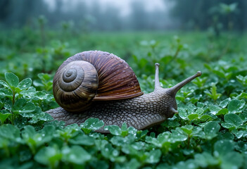 Obraz premium Garden snail with a spiral shell crawling on wet green leaves in a natural outdoor environment, the mollusks textured body and extended antennae are visible as it navigates the damp foliage