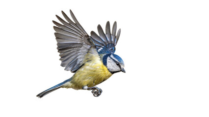 Blue tit bird in flight with wings spread during daytime natural lighting isolated on white © Sorifa