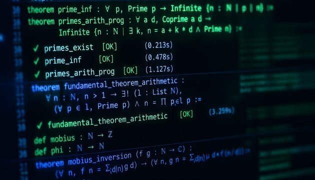 Green mathematical code and theorems displayed on a dark computer screen
