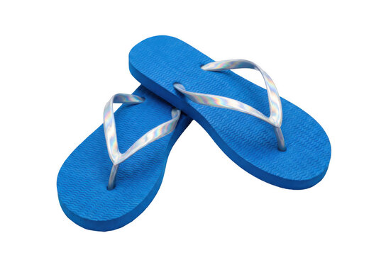 Blue flip flops on a white background for summer vacation and beach activities concept
