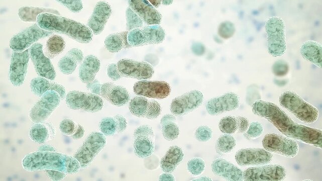 Acinetobacter baumannii bacterium, 3D animation showing coccobacillary morphology with smooth outer membrane surface and subtle cellular texture.
