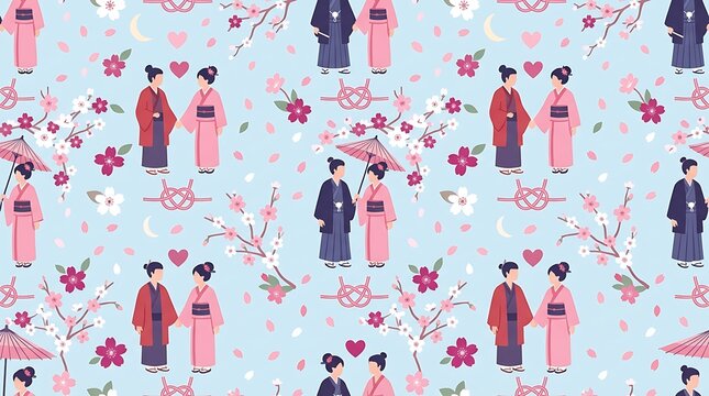 Seamless pattern of japanese couples in traditional kimonos