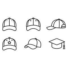 Fototapeta premium Baseball Cap Icons and Graduation Mortarboard Hat Vector Outline Set Isolated on White Background 