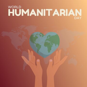 World Humanitarian Day poster featuring caring hands holding an Earth-shaped heart. Modern flat illustration for charity, volunteer, NGO, and awareness events.