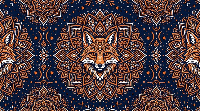Ornate fox head seamless pattern within decorative mandalas