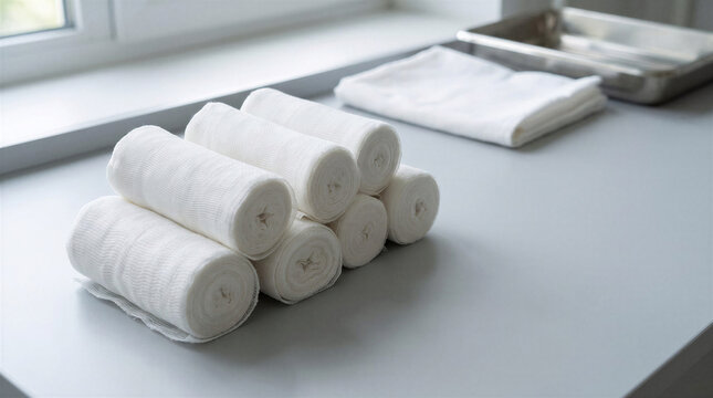 Medical plaster bandages rolled and stacked on a metal tray for orthopedic treatment