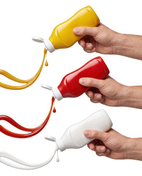 Hands squeezing ketchup mustard mayonnaise bottles with liquid splashes during food preparation