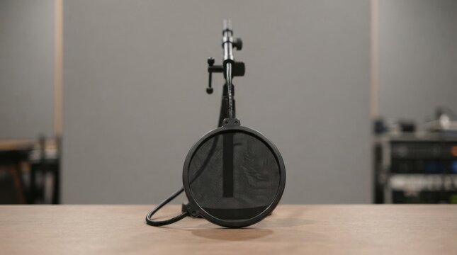 Close-up of microphone with pop filter on stand