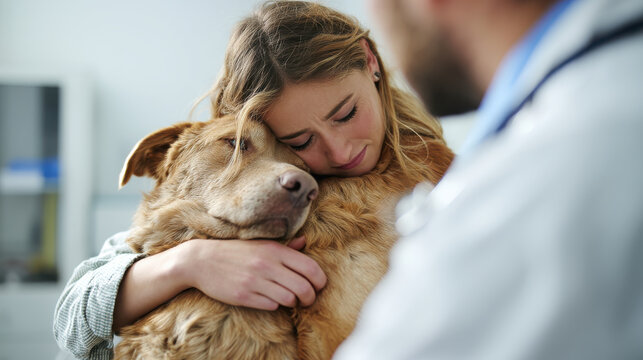 Emotional young woman hugging her golden retriever closely while a veterinarian speaks with her during a difficult clinic appointment