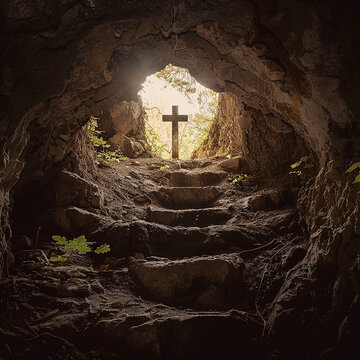 Symbolic cross in a dark rocky cavern illuminated by natural light, Christian faith and spiritual hope