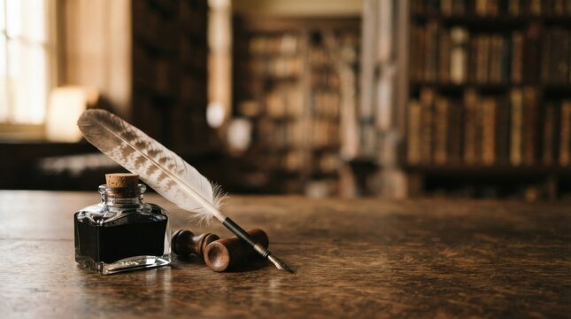 Quill pen and inkwell on wooden desk with copy space
