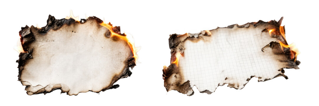 Two torn paper edges burning with flames and smoke isolated on white