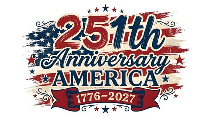 Obraz premium 251st Anniversary America Patriotic Typography Design with US Flag, Ribbon, and 1776-2027 Dates