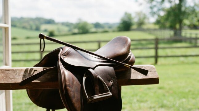 Leather riding crop resting on a saddle