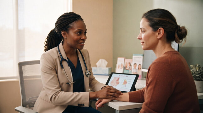 Female doctor consulting a patient during a preventive breast health appointment in a welcoming modern clinic, compassionate healthcare, Pink October, breast cancer prevention