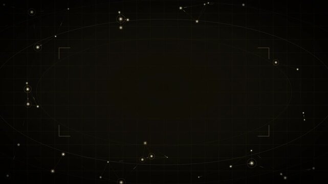 Dark digital HUD interface with glowing golden network nodes and central oval viewfinder frame