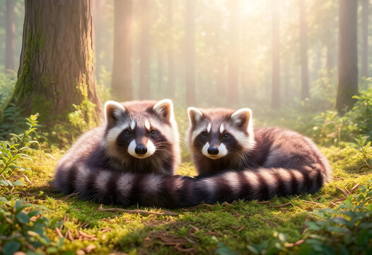 Two adorable raccoons with striped tails resting on mossy forest floor in sunlit woodland habitat, the woodland habitat is bathed in soft sunlight, the natural environment