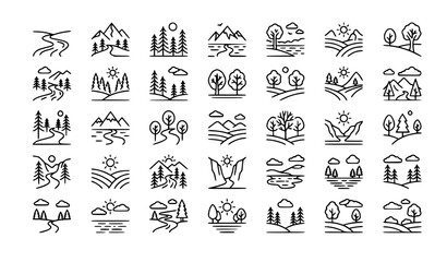 Landscape line icon set with river trees and mountains editable vector © MSTParul
