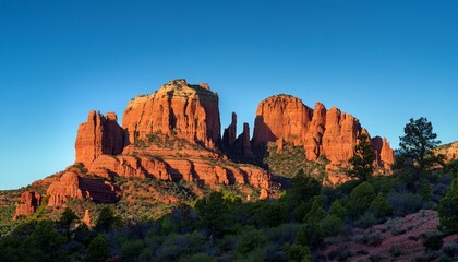 Naklejka premium Red Rock Formations Rise Above A Forested Hillside Under A Clear Blue Sky During Golden Hour Lighting