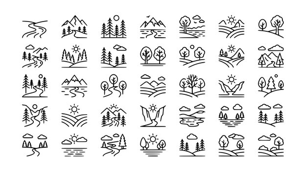 Landscape line icon set with river trees and mountains editable vector