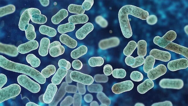 Acinetobacter baumannii bacterium, 3D animation showing coccobacillary morphology with smooth outer membrane surface and subtle cellular texture.