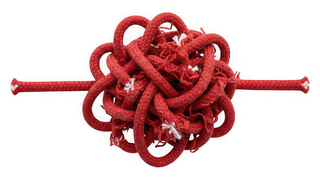 A complex decorative knot made of thick red rope isolated on transparent background