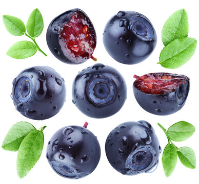 Set of ripe juicy whole and cut bilberries with leaves isolated on transparent background.