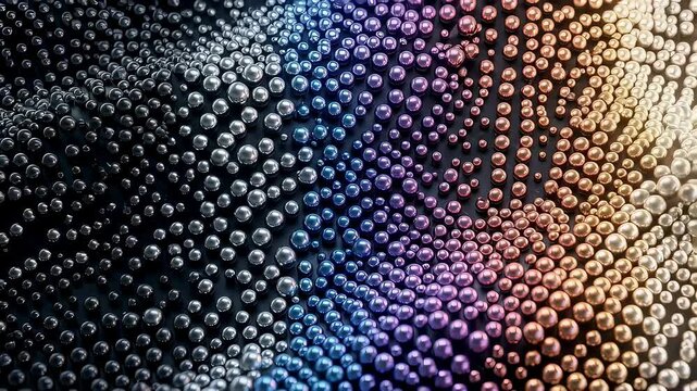Abstract field of metallic spheres with shifting gradient colors. Futuristic digital particle wave flow. 3d technology background for graphic motion design project.