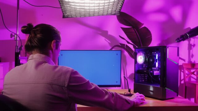 Computer with chroma key green screen on monitor. Gamer man playing in popular video games. Programmer or hacker coding a code and working in networks, cyberspace. Digital software, mobile app
