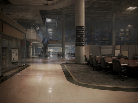 Abandoned shopping mall world corridor with eerie backrooms atmosphere dim lighting empty seating and distant escalators creating a haunting liminal space filled with silence nostalgia and isolation