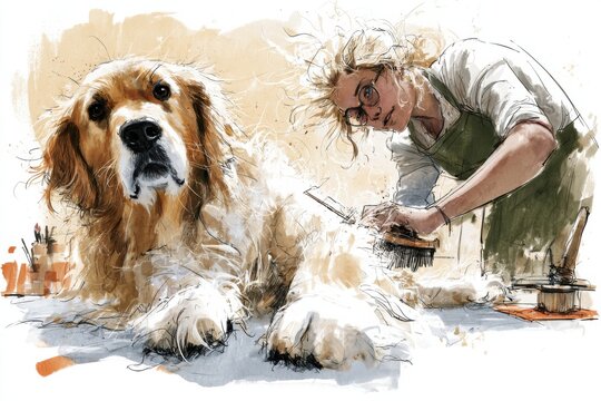 Hand drawn illustration of a woman grooming a golden retriever dog with a brush, surrounded by grooming tools and a light-colored background