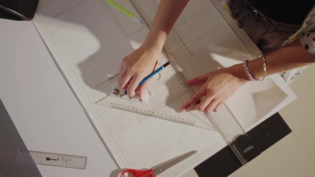 Top down close up of hands using triangle ruler and pencil to draw precise architectural lines on floor plan with bracelet visible