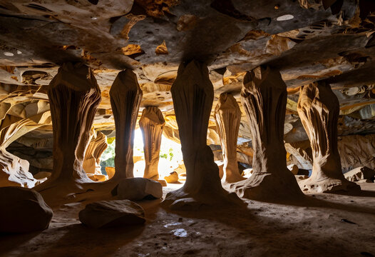 Natural rock pillars and formations inside a large cave with Light entering from an opening, geological wonder, Light streams in from an opening