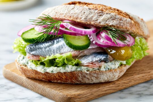 Gourmet herring sandwich on rustic baguette with fresh vegetables, dill, and creamy spread, presented on wooden board against light marble background